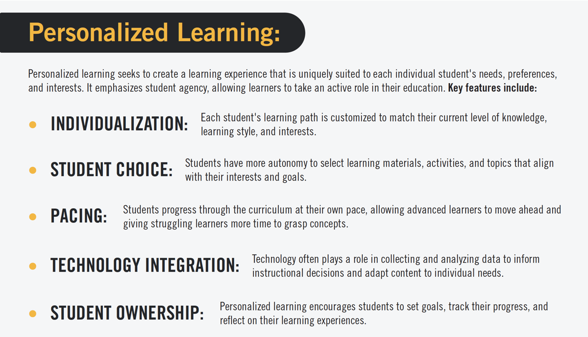 Personalized Learning Personalized learning seeks to create a learning experience that is uniquely suited to each individual student's needs, preferences, and interests. It emphasizes student agency, allowing learners to take an active role in their education. Key features include: Individualization; student choice; pacing; technology integration; student ownership